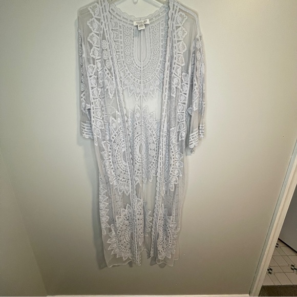 Rachel Zoe Sheer Lacey Long Open Front Kimono Grey One Size - Picture 1 of 7